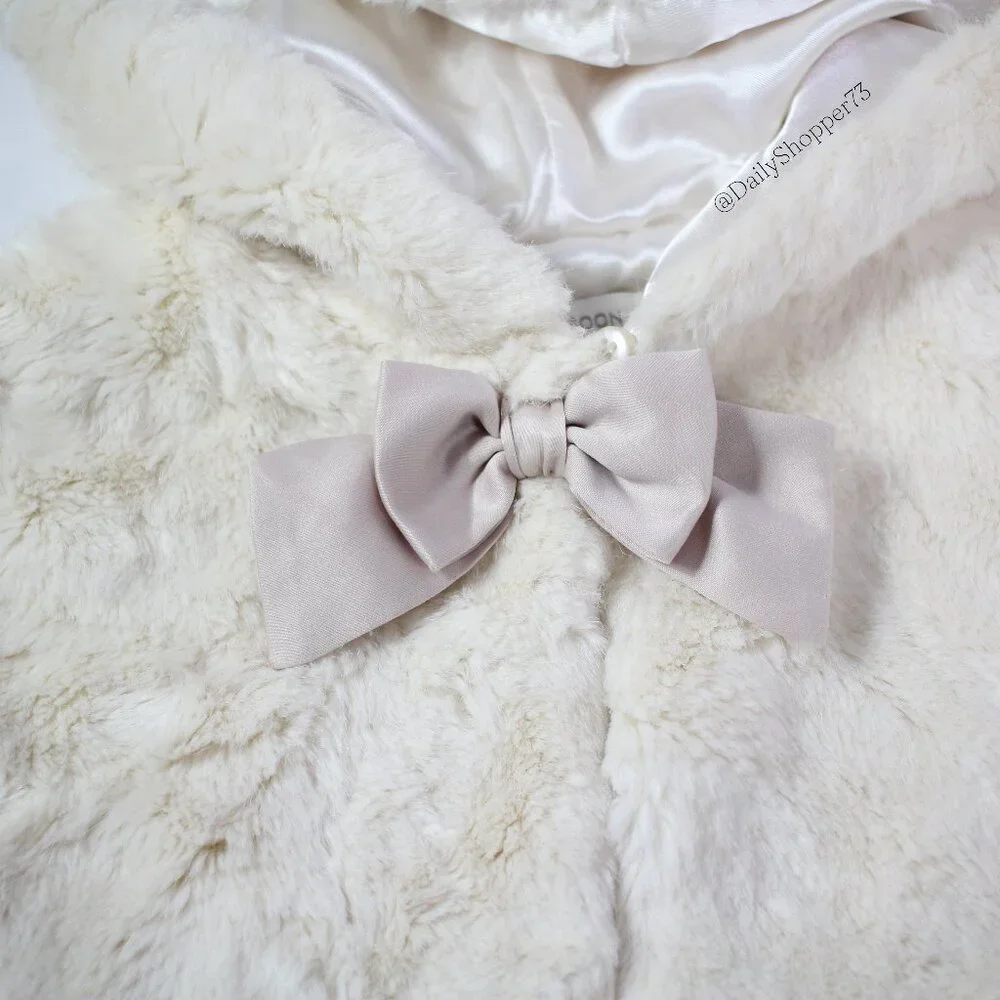 Monsoon Girls' Ivory Faux Fur Hooded Cape w/ Semi-Matte Satin Bow